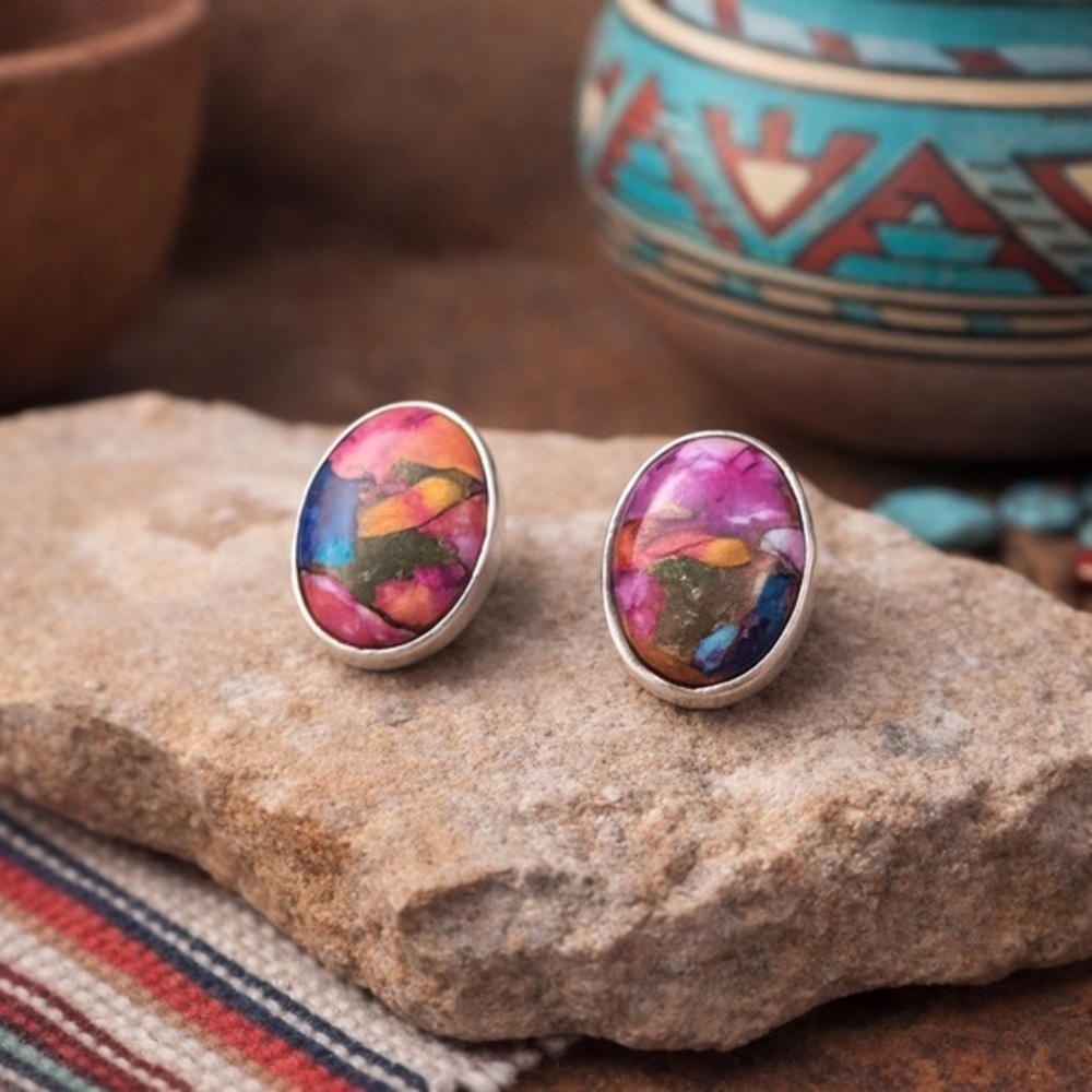 Dahlia Turquoise Mosaic Oval Stud Earrings Silver Bezel Set 1/2" Artisan #559